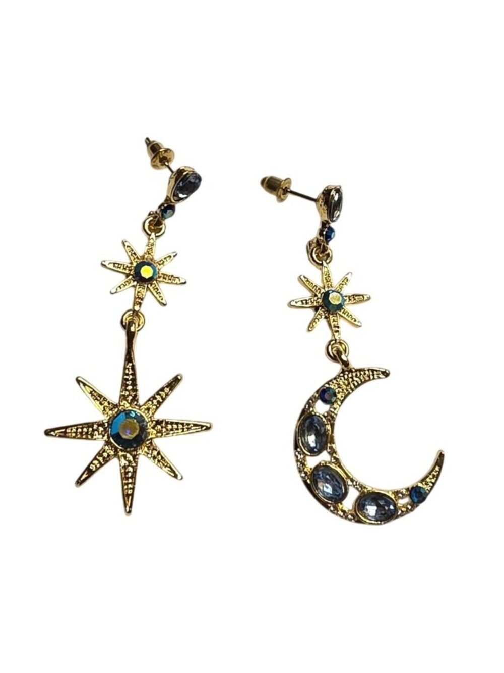 Blue Moon Star Dangle Earrings Gold Tone Mismatched Celestial Pierced New Gift B